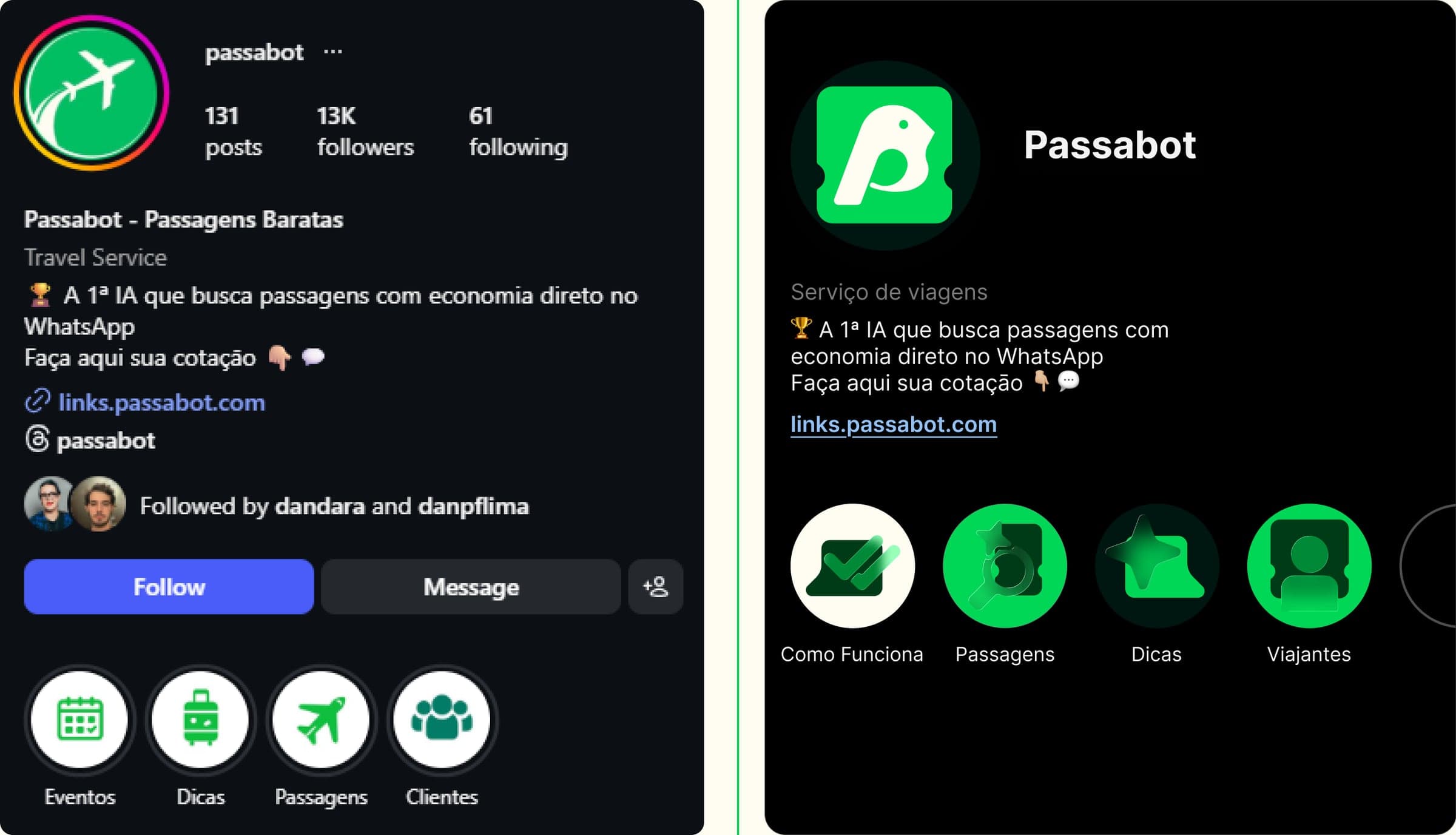 Perfil do Instagram antes e depois da nova identidade