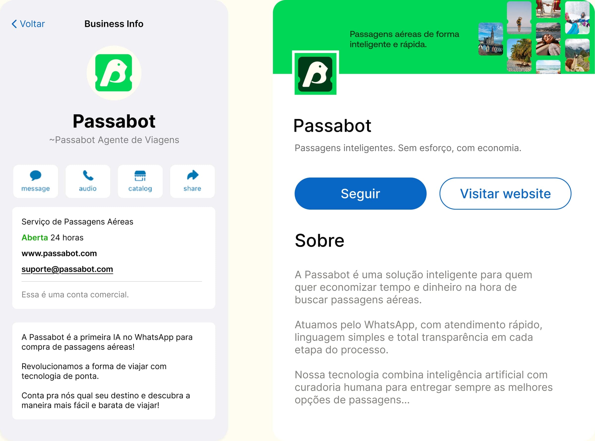 Perfis da Passabot no WhatsApp Business e no LinkedIn