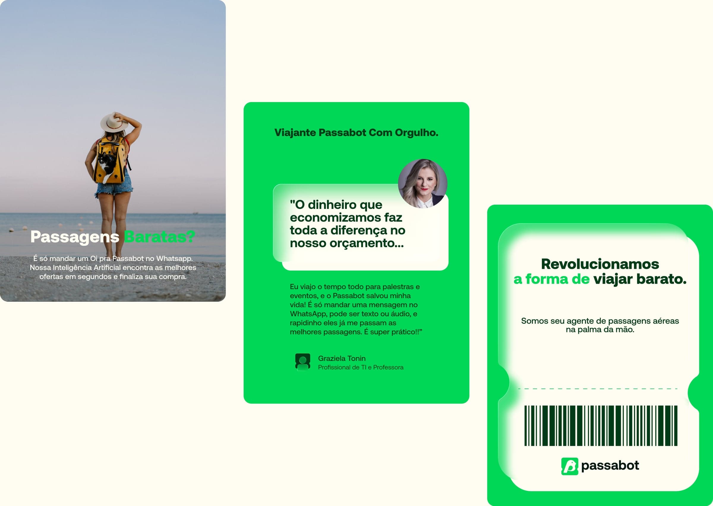 Posts com depoimento de viajante e cartão em forma de bilhete: revolucionamos a forma de viajar barato