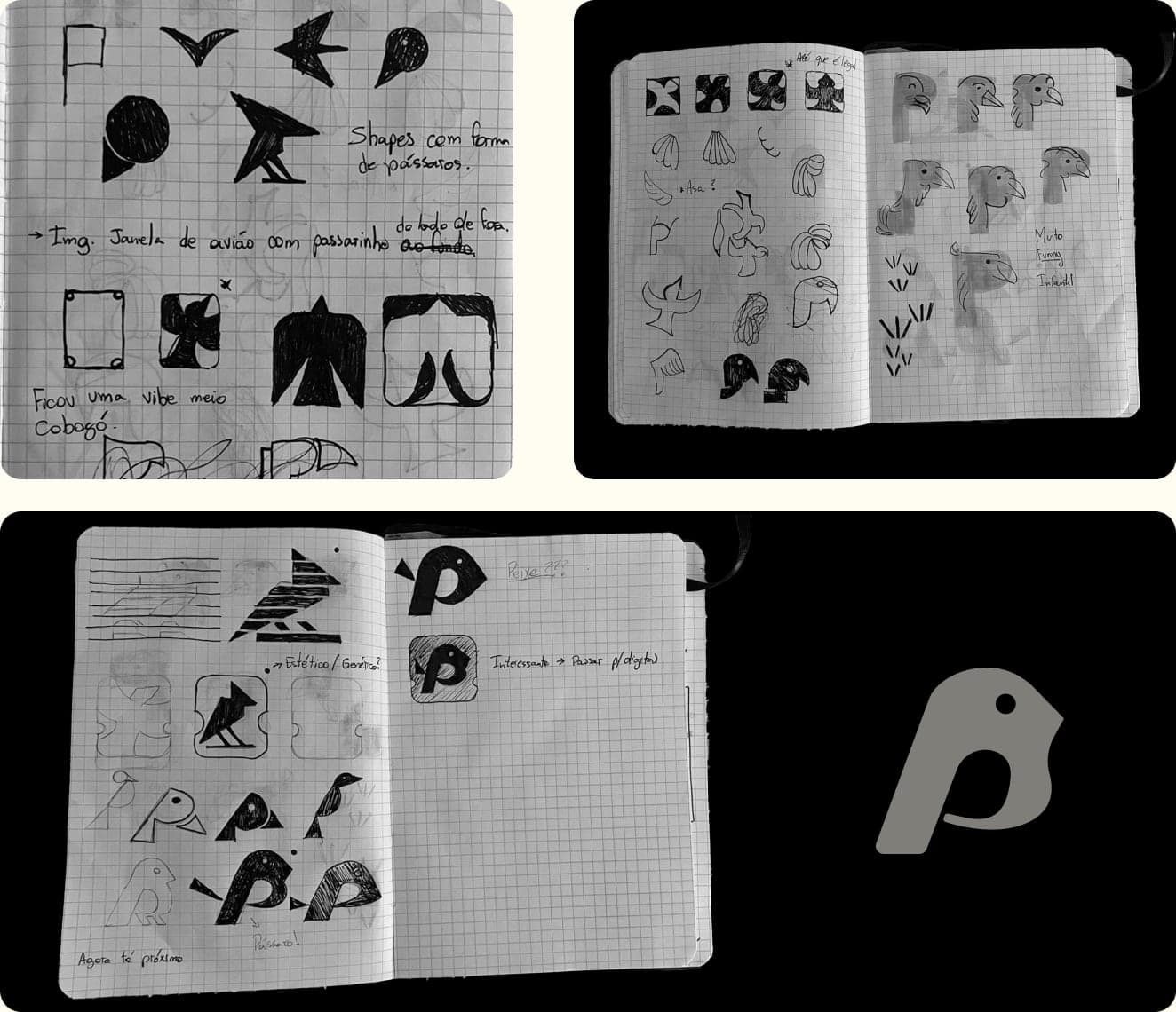 Rascunhos do símbolo em caderno: pássaros, bilhetes e a letra P