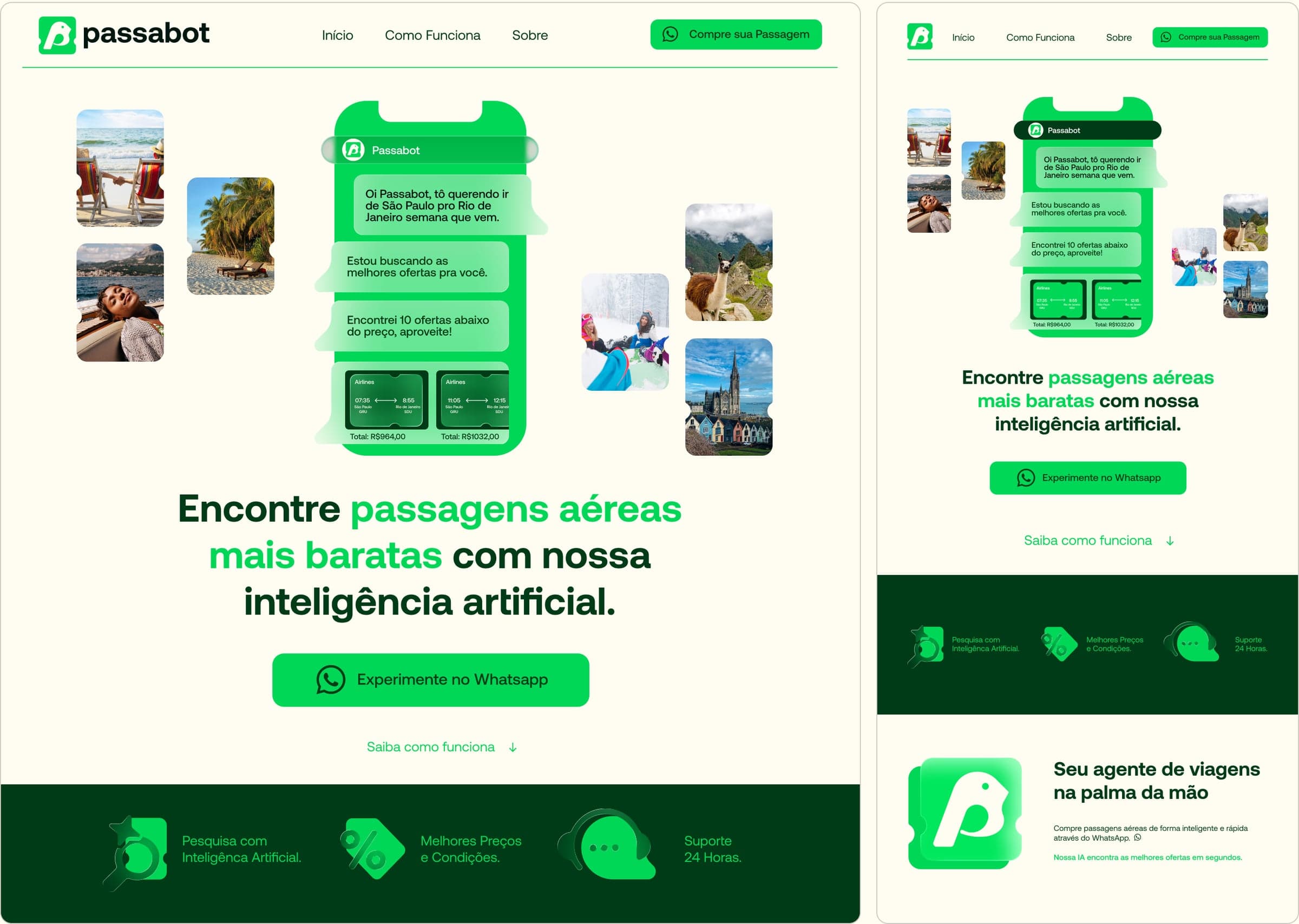 Site da Passabot no desktop e no celular: encontre passagens aéreas mais baratas com nossa inteligência artificial