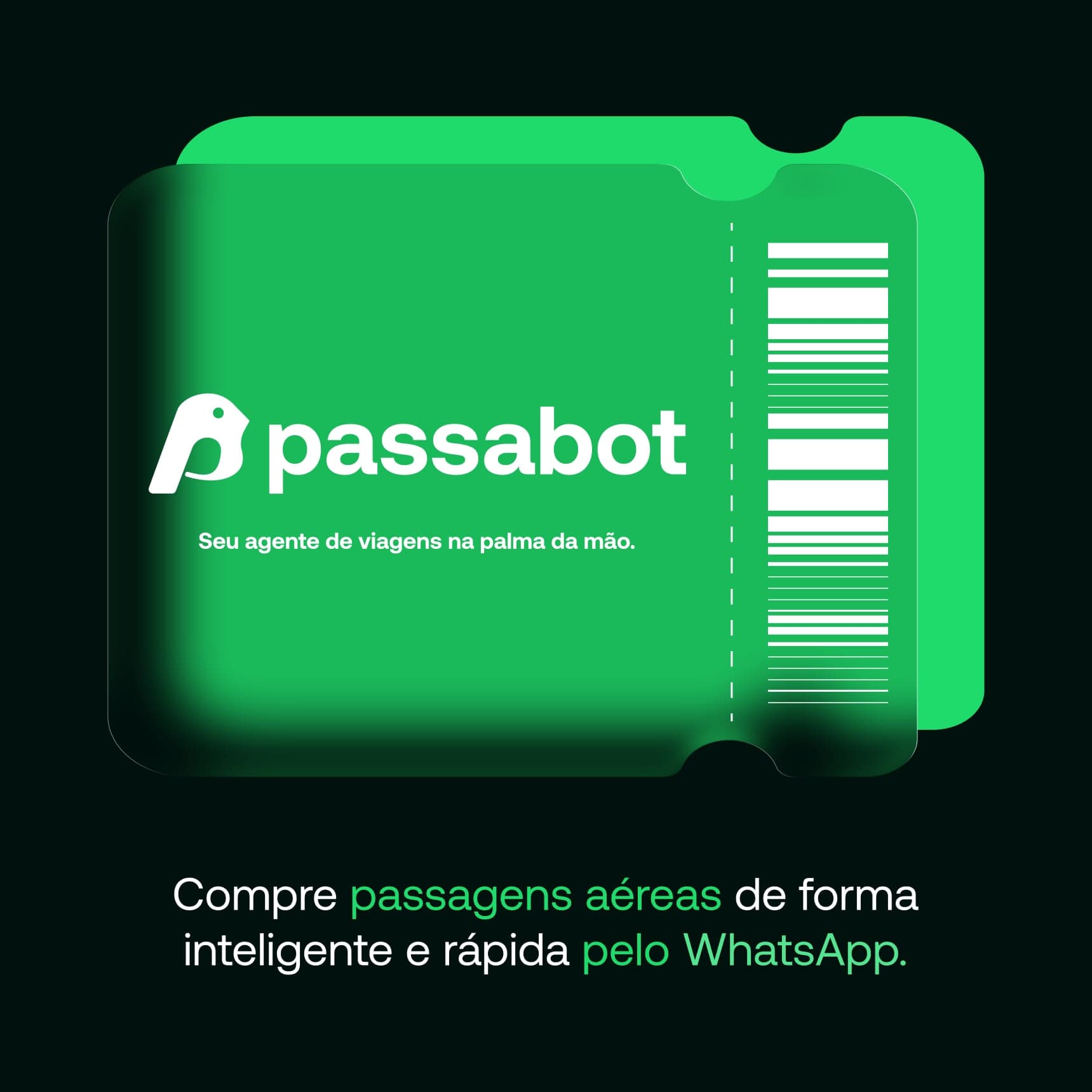 Bilhete de vidro com o logotipo e a frase: compre passagens aéreas de forma inteligente e rápida pelo WhatsApp