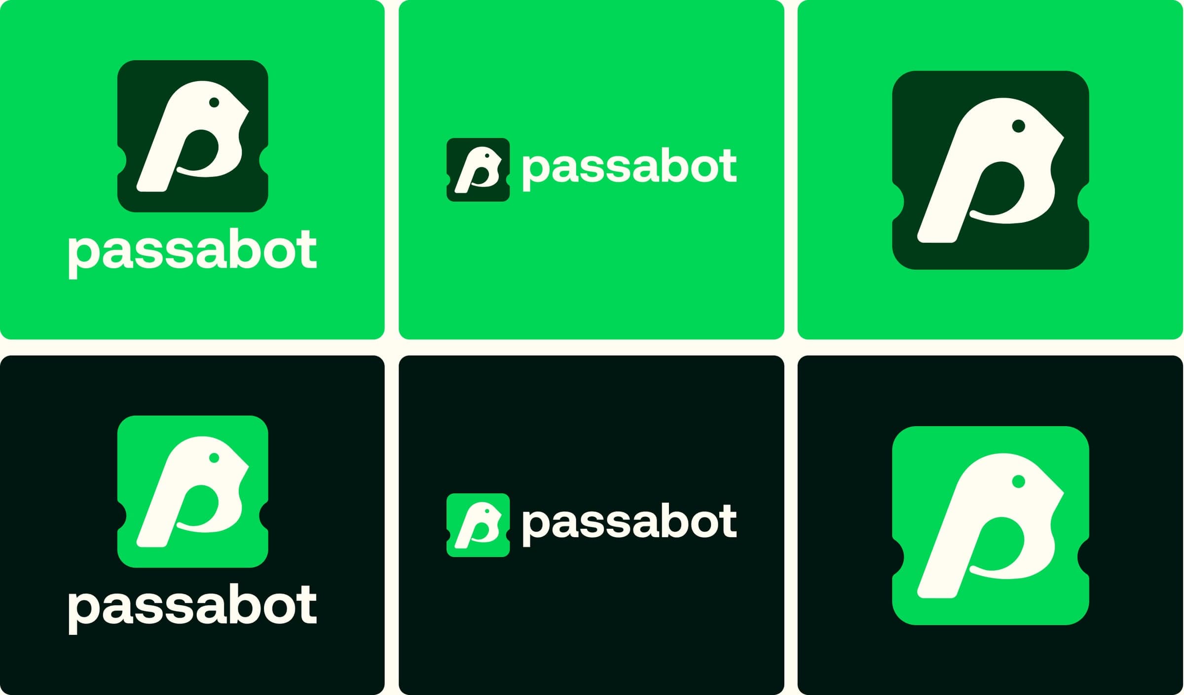 Versões do logotipo em verde e em fundo escuro: vertical, horizontal e ícone