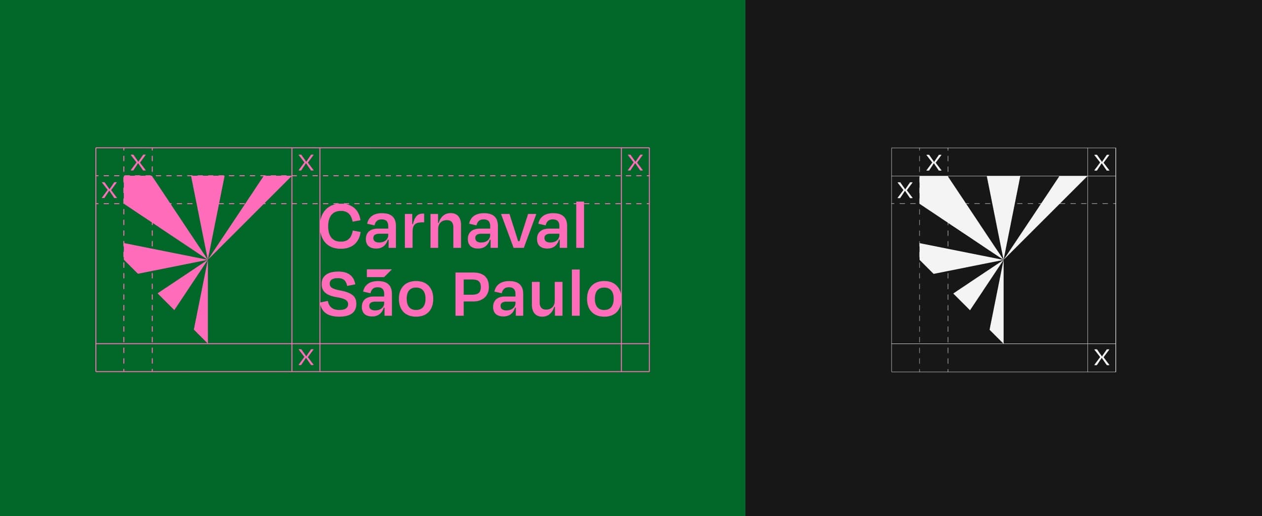 Área de proteção do logotipo em rosa sobre verde e do símbolo em branco sobre preto