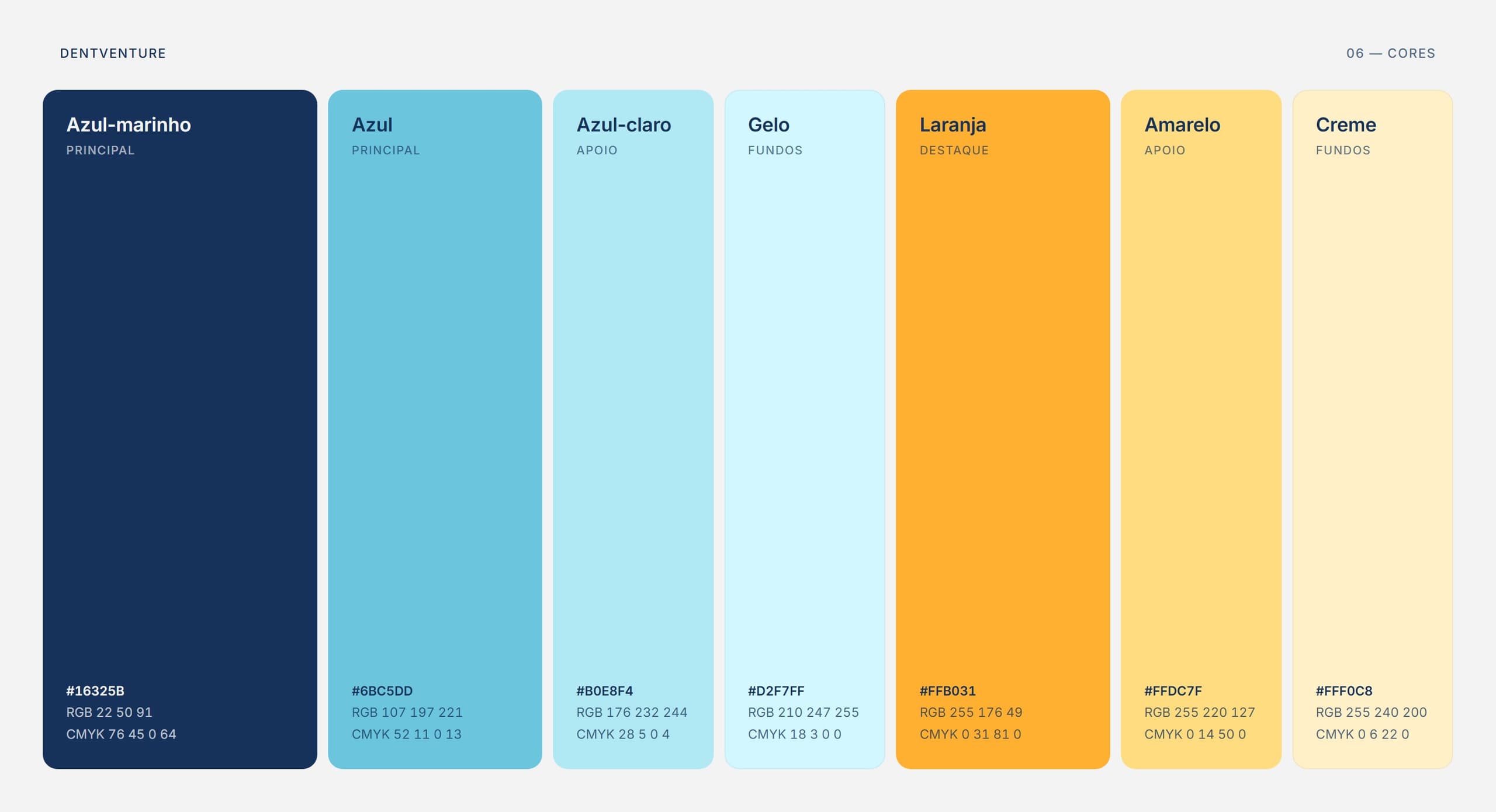 Paleta de cores com HEX, RGB e CMYK