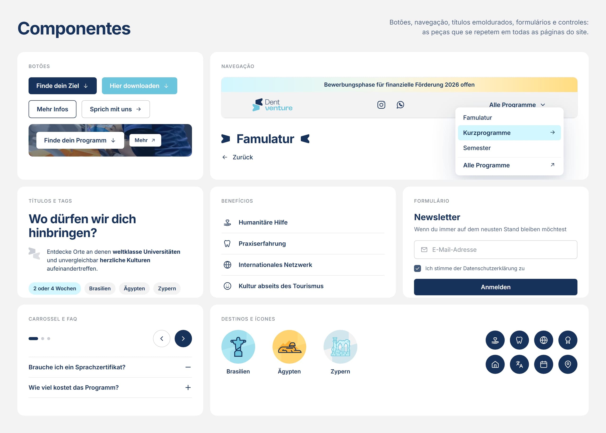 Kit de componentes: botões, navegação, títulos, benefícios, formulário e controles