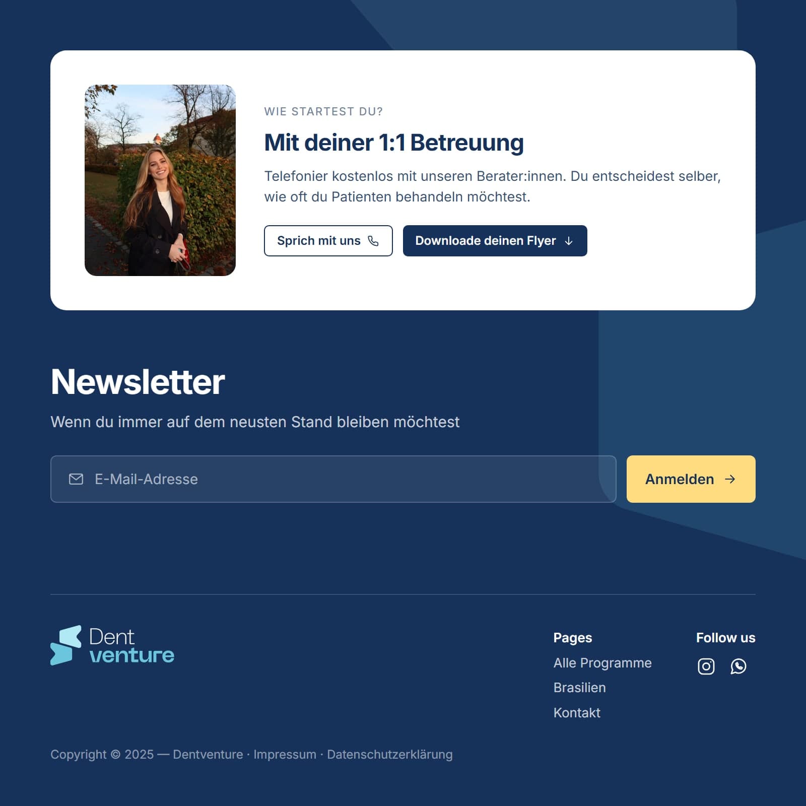 Atendimento 1:1, newsletter e rodapé