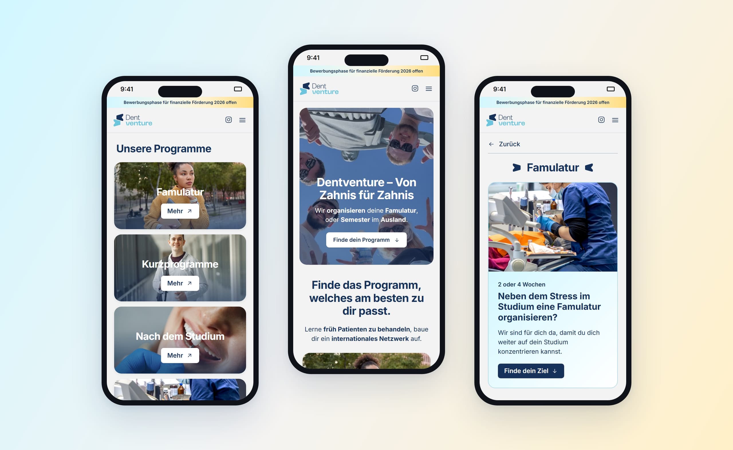 Três telas do site no celular