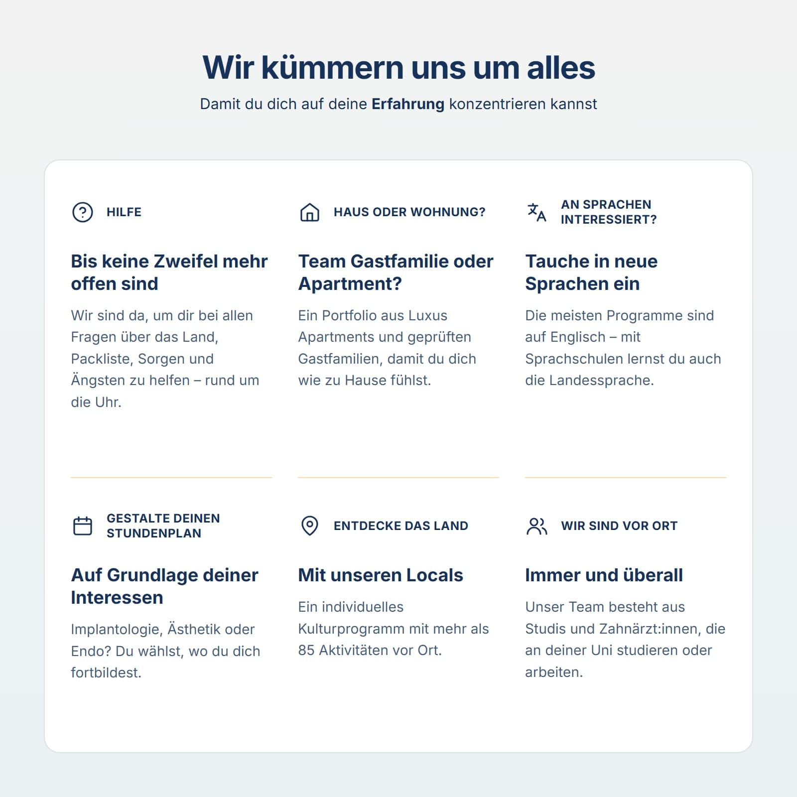 Seção Wir kümmern uns um alles com seis serviços
