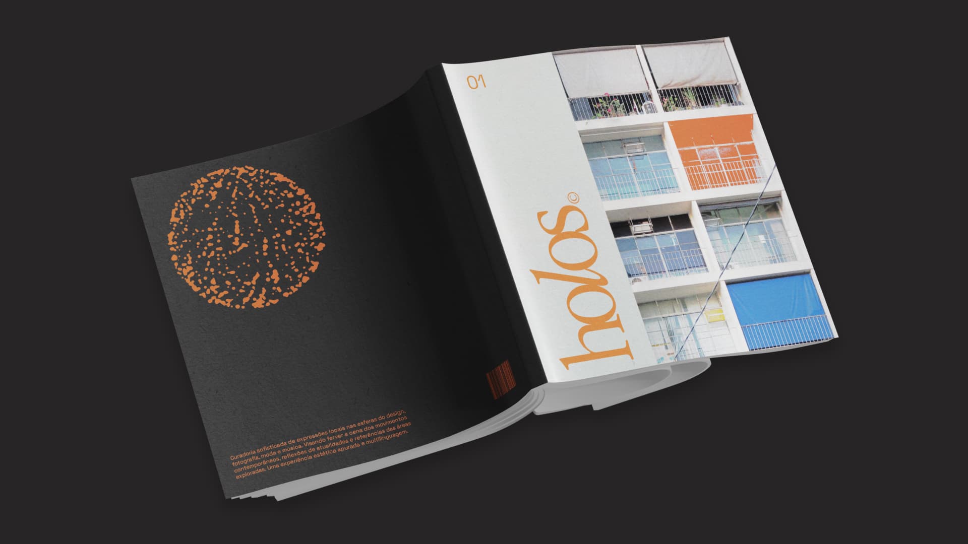 Revista Holos aberta, com a quarta capa e o símbolo