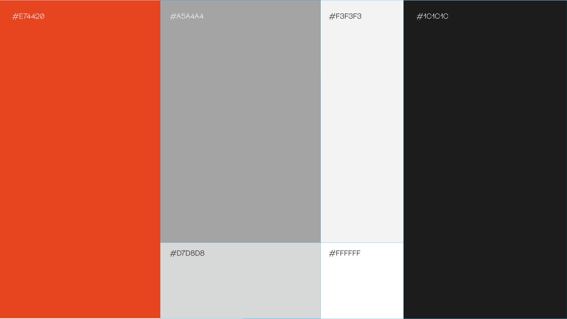 Paleta: laranja #E74420, cinzas #A5A4A4 e #D7D8D8, #F3F3F3, #1C1C1C e branco