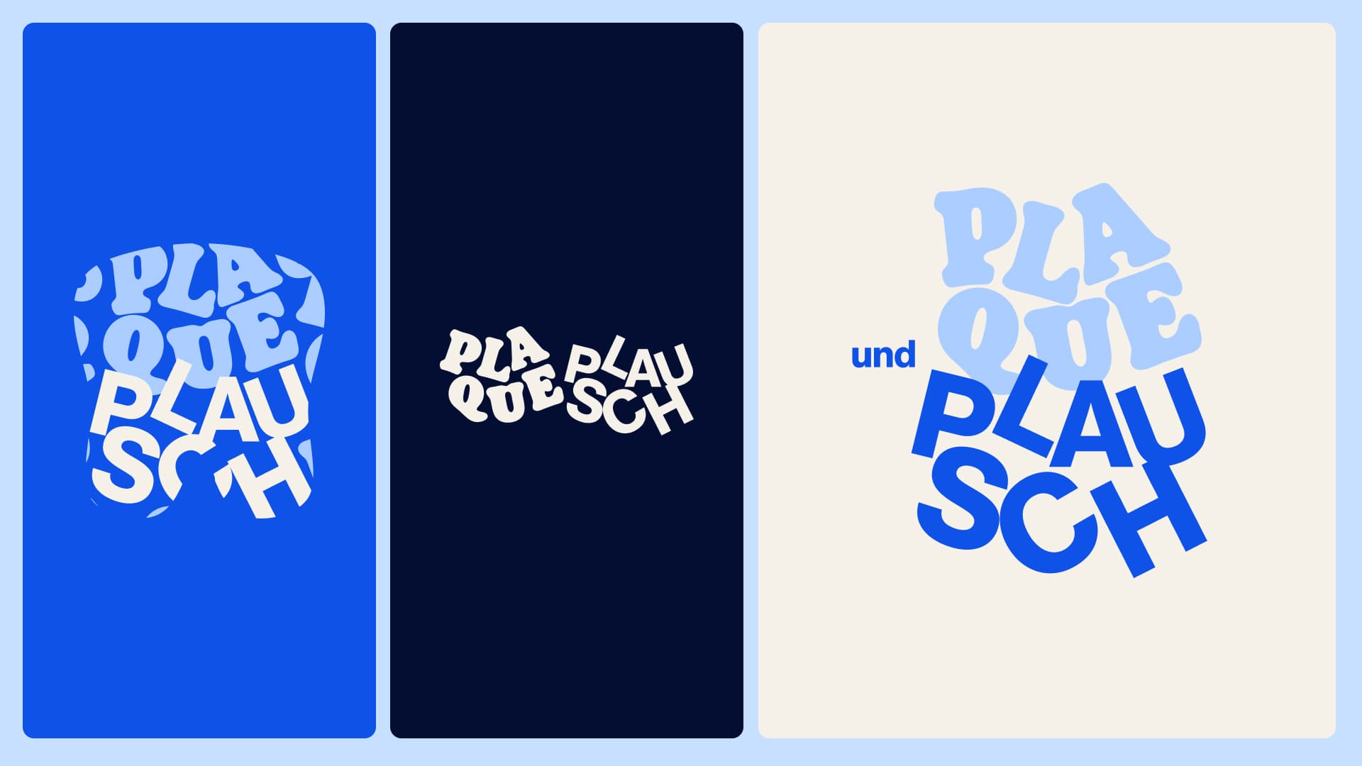 As três versões do logotipo sobre azul, marinho e creme