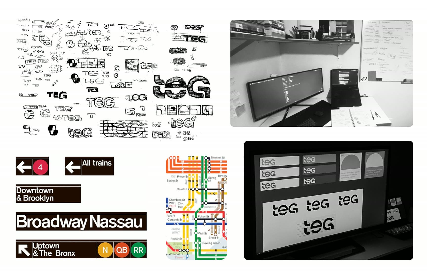 Esboços do logotipo e referências de sinalização de metrô